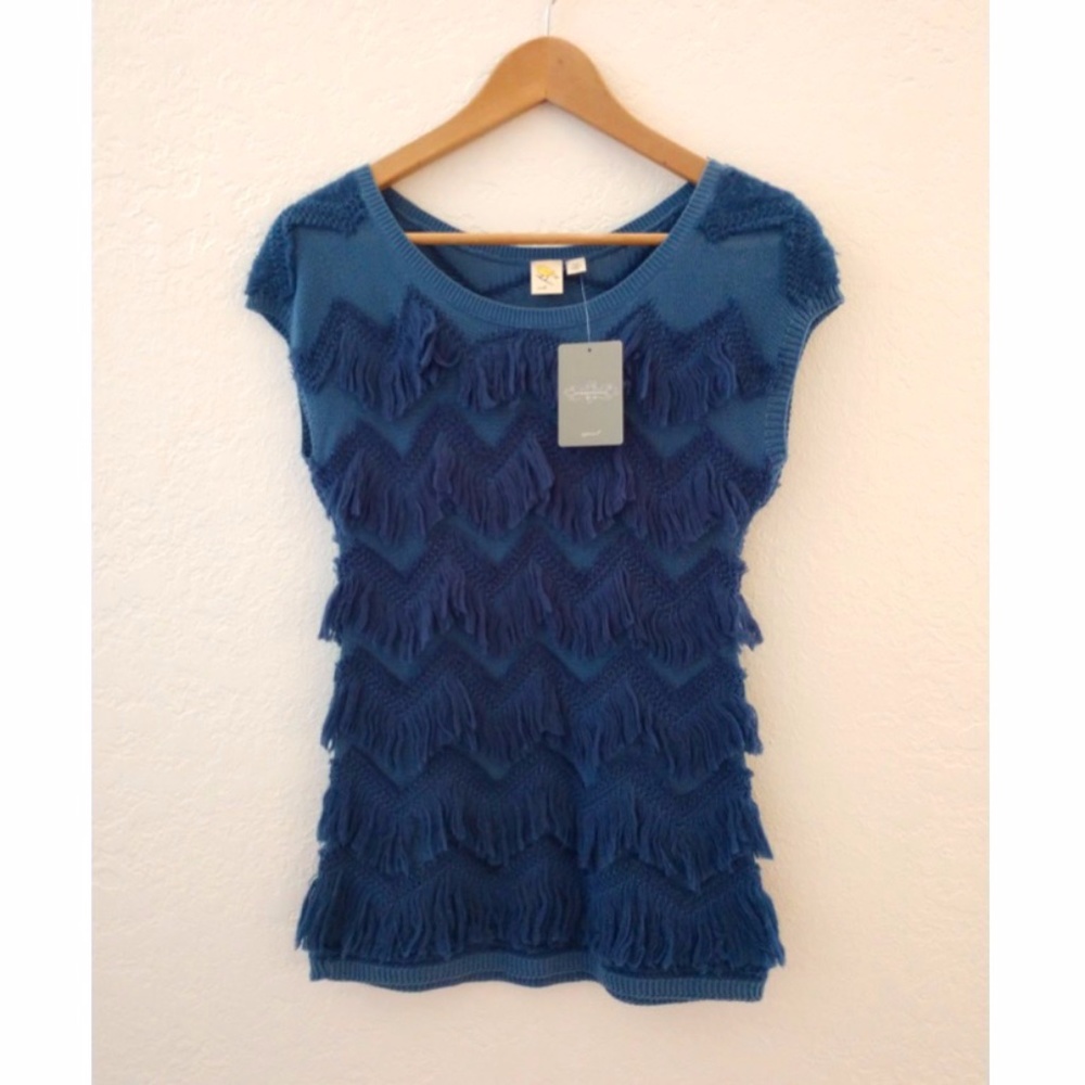 Anthropologie Yellow Bird blue shaggy zigzag-pattern sweater S